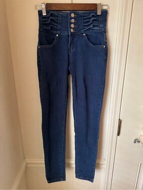 Mitzi Michel High-Rise Dark Blue Skinny Jeans with Multi-Button Waist Size 1‎